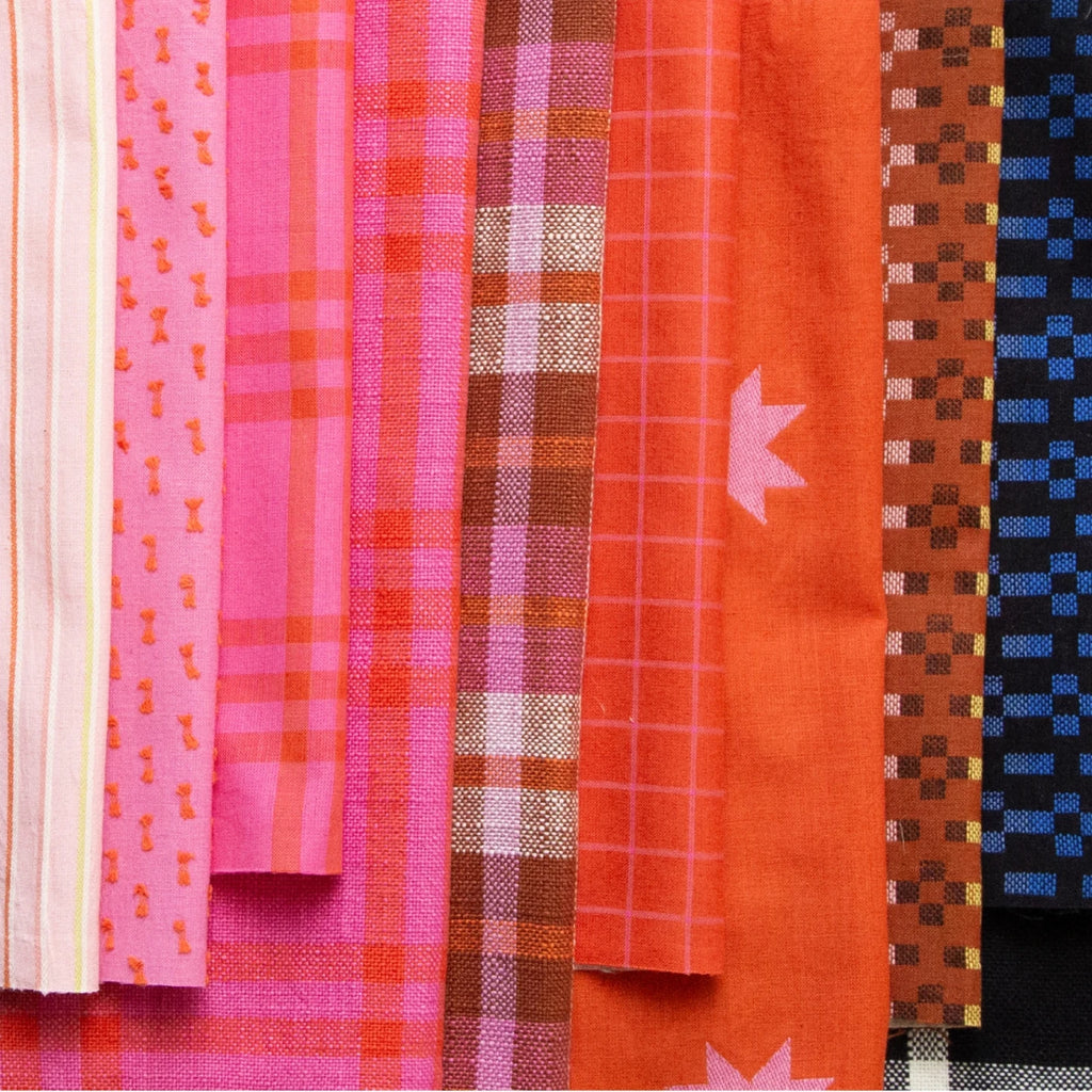 Collection of colorful fabric swatches with various patterns on a white background Warp & Weft Mystic Fable Yarn Dyed Woven Fabrics by Alexia Marcelle Abegg for Ruby Star Society for Moda Fabrics