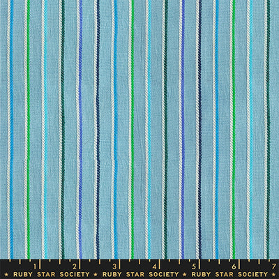 Fabric with blue and green striped pattern, labeled Ruby Star Society.
