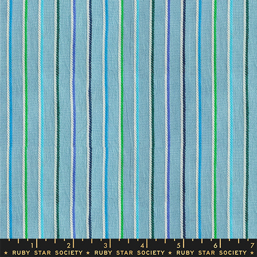 Fabric with blue and green striped pattern, labeled Ruby Star Society.