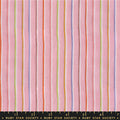 Fabric with multicolored vertical stripes on a pink background, featuring the Ruby Star Society label. Collection of colorful fabric swatches with various patterns on a white background Warp & Weft Mystic Fable Yarn Dyed Woven Fabrics by Alexia Marcelle Abegg for Ruby Star Society for Moda Fabrics