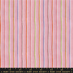 Fabric with multicolored vertical stripes on a pink background, featuring the Ruby Star Society label. Collection of colorful fabric swatches with various patterns on a white background Warp & Weft Mystic Fable Yarn Dyed Woven Fabrics by Alexia Marcelle Abegg for Ruby Star Society for Moda Fabrics